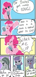 Size: 699x1472 | Tagged: artist:zarohidehire, blushing, boulder (pet), bring me to life, comic, derpibooru import, evanescence, eyes closed, female, green day, limestone pie, marble pie, maud pie, meme, microphone, open mouth, pie sisters, pinkie pie, safe, siblings, singing, sisters, smiling, song reference, wake me up before you go go, wake me up inside, wake me up when september ends, wham!