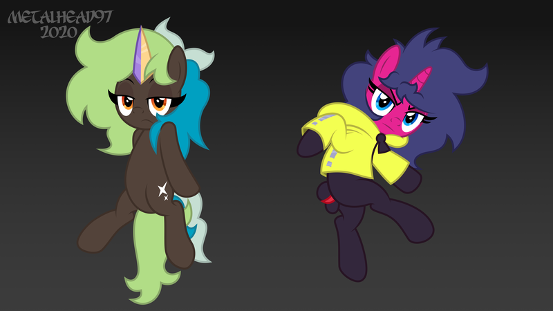 Size: 8000x4500 | Tagged: safe, derpibooru import, oc, oc:bright side, oc:fizzy pop, unofficial characters only, pony, unicorn, clothes, commission, female, hoodie, horn, lidded eyes, looking at you, mare, outfit, pose, posing for photo, show accurate, simple background