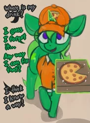 Size: 863x1179 | Tagged: safe, artist:marsminer, derpibooru import, oc, oc:lime dream, unofficial characters only, pony, unicorn, delivery pony, female, food, horn, mare, pizza, solo, spongebob squarepants, unicorn oc