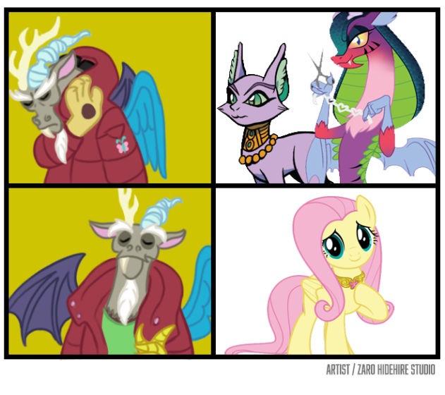 Size: 631x560 | Tagged: safe, artist:zarohidehire, derpibooru import, idw, baast, cosmos (character), discord, fluttershy, cat, draconequus, pegasus, pony, female, male