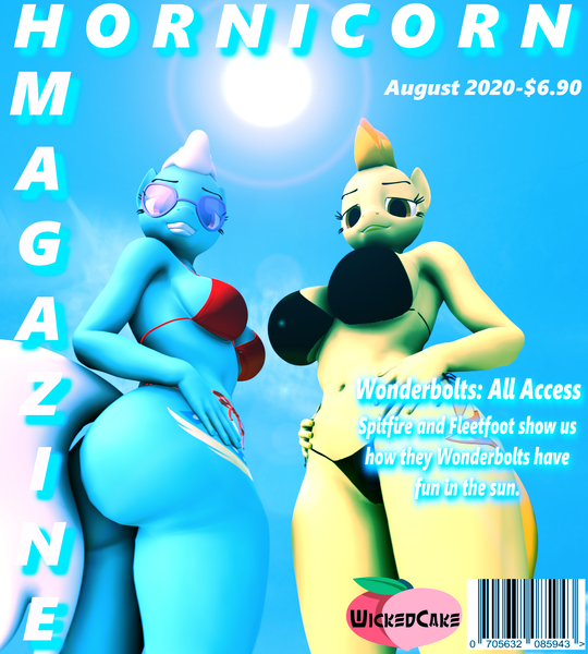 Size: 1936x2152 | Tagged: 3d, anthro, artist:wickedcake, big breasts, bikini, breasts, busty fleetfoot, busty spitfire, clothes, derpibooru import, female, fleetfoot, hornicorn magazine, large butt, magazine, magazine cover, questionable, reasonably sized breasts, source filmmaker, spitfire, sunny, swimsuit