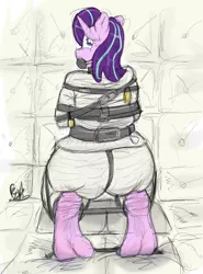 Size: 2051x2771 | Tagged: anthro, artist:fetishsketches, asylum, ballgag, barefoot, bondage, derpibooru import, doodle, feet, female, gag, institutionalized, lock, looking at you, looking back, looking back at you, padded cell, padlock, plantigrade anthro, soles, solo, solo female, spreader bar, starlight glimmer, straitjacket, straps, suggestive, sweat, sweatdrop