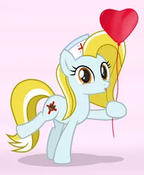 Size: 2752x3362 | Tagged: safe, artist:chomakony, derpibooru import, oc, oc:nurse reisol, unofficial characters only, earth pony, pony, balloon, cute, earth pony oc, female, hat, heart balloon, kissy face, looking at you, mare, nurse, nurse hat, orange eyes, raised hoof, show accurate, simple background, smiling, solo, teddy bear, weapons-grade cute