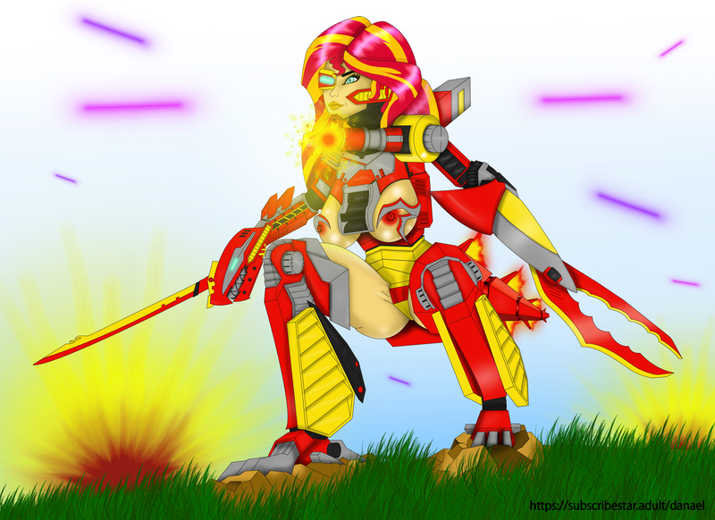 Size: 3094x2250 | Tagged: questionable, artist:danaelfer, derpibooru import, sunset shimmer, equestria girls, badass, battle suit, battlefield, blade, breasts, cannon, female, fight, fighting stance, geno breaker, nipples, nudity, solo