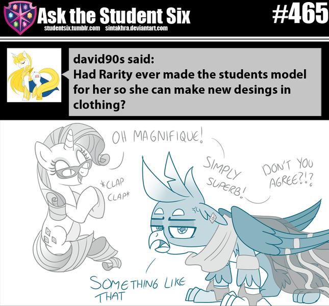 Size: 800x744 | Tagged: safe, artist:sintakhra, derpibooru import, gallus, rarity, gryphon, pony, tumblr:studentsix, clapping, clothes, cross-popping veins, crossdressing, cute, dress, ear piercing, earring, gallabetes, gallus is not amused, glasses, jewelry, piercing, unamused