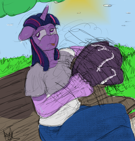 Size: 2605x2709 | Tagged: safe, artist:fetishsketches, derpibooru import, twilight sparkle, anthro, bench, clothes, crossed legs, doodle, fanning, female, flip flops, jeans, pants, shirt, solo, sweat, t-shirt, tongue out