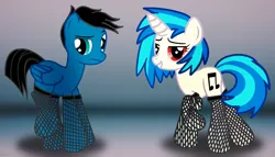 Size: 5758x3300 | Tagged: safe, artist:agkandphotomaker2000, derpibooru import, vinyl scratch, oc, oc:pony video maker, pegasus, pony, unicorn, canon x oc, clothes, curious, female, leggings, male, sexy walk, shipping, show accurate, simple background, straight, videoscratch