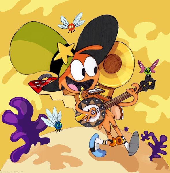 Size: 1024x1041 | Tagged: accordion, alien, artist:tierraverde, banjo, crossover, cute, cymbals, derpibooru import, harmonica, musical instrument, one man band, parasprite, parasprite polka, safe, solo, tambourine, tuba, wander over yonder, wander (wander over yonder)