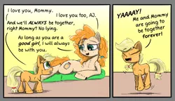 Size: 3500x2013 | Tagged: safe, artist:chopsticks, derpibooru import, applejack, pear butter, earth pony, pony, bittersweet, cheek fluff, chest fluff, comic, cute, dialogue, ear fluff, feels, female, filly, good girl, jackabetes, jumping, lying down, mare, mother and child, mother and daughter, ouch, pearabetes, sad in hindsight, text, the implications are horrible, this will end in tears, this will not end well, unshorn fetlocks, younger
