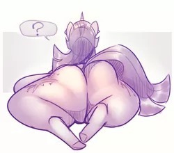 Size: 1407x1240 | Tagged: suggestive, artist:secretgoombaman12345, derpibooru import, twilight sparkle, pony, unicorn, abstract background, both cutie marks, butt, fat, female, large butt, monochrome, plot, prone, question mark, rear view, sketch, solo, the ass was fat, thick, thighs, thunder thighs, twibutt, twilard sparkle, twilight has a big ass, underhoof, unicorn twilight