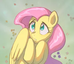 Size: 1892x1650 | Tagged: safe, artist:anonymous, derpibooru import, fluttershy, pegasus, pony, bust, cute, female, flower, green background, hiding behind wing, looking up, mare, palindrome get, portrait, shy, shyabetes, simple background, solo, wings