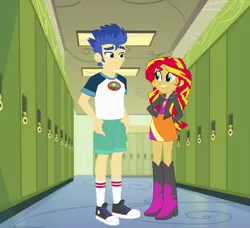 Size: 792x723 | Tagged: safe, artist:jadethepegasus, derpibooru import, flash sentry, sunset shimmer, equestria girls, canterlot high, clothes, converse, female, flashimmer, hallway, lockers, male, shipping, shoes, straight