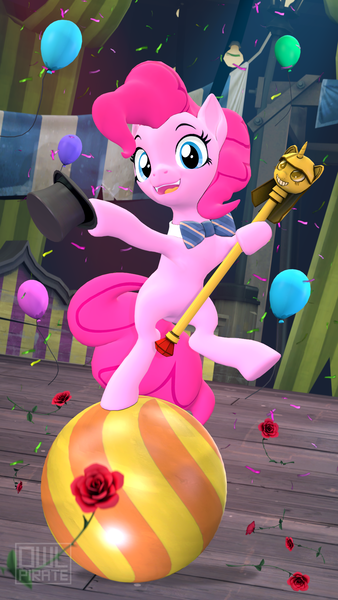 Size: 1080x1920 | Tagged: safe, artist:owlpirate, derpibooru import, pinkie pie, earth pony, pony, 3d, balloon, balls, bipedal, bowtie, confetti, female, flower, happy, hat, mare, nudity, open mouth, rose, scepter, source filmmaker, twilight scepter