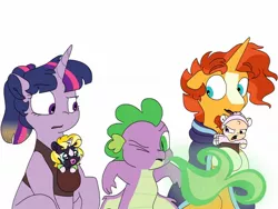 Size: 1280x960 | Tagged: safe, artist:doodletheexpoodle, derpibooru import, spike, sunburst, twilight sparkle, oc, oc:daylight amethyst, oc:northern star, alicorn, dragon, earth pony, pony, unicorn, baby, baby carrier, baby pony, colt, family, female, filly, fire, fire breath, male, mare, offspring, one eye closed, pacifier, parent:sunburst, parent:twilight sparkle, parents:twiburst, ponytail, shipping, simple background, sneezing, stallion, straight, twiburst, white background, winged spike