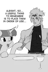 Size: 1661x2480 | Tagged: safe, artist:nire, derpibooru import, twilight sparkle, alicorn, human, pony, dialogue, dio brando, dish, fork, glass, jojo's bizarre adventure, knife, sketch, table, wine glass