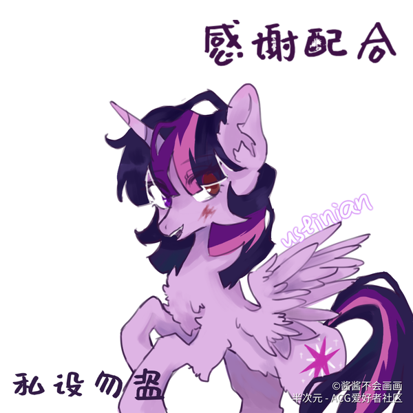 Size: 1080x1080 | Tagged: safe, artist:酱酱不会画画, derpibooru import, twilight sparkle, alicorn, chinese text, female, moon runes, simple background, solo, twilight sparkle (alicorn), white background