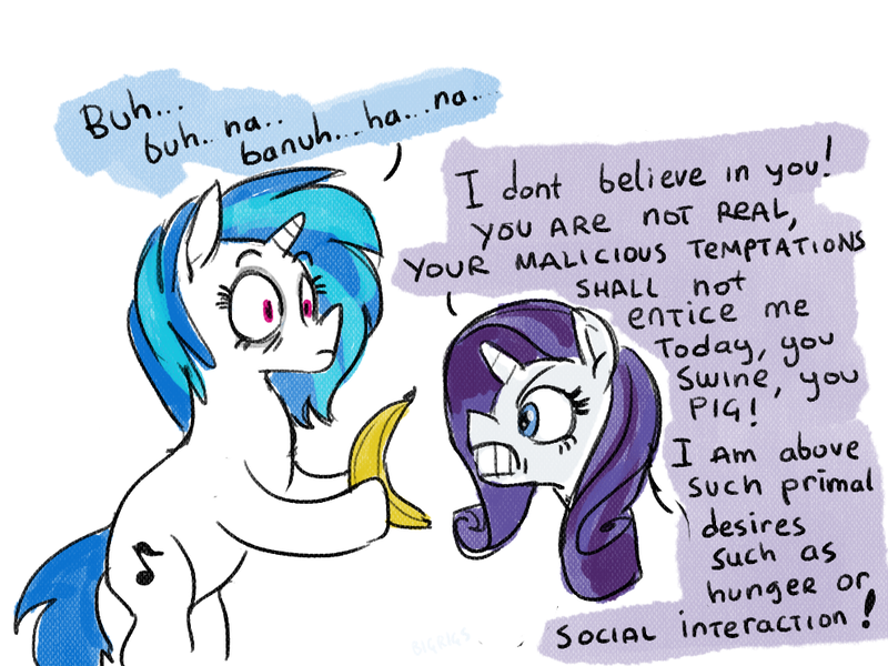 Size: 991x743 | Tagged: safe, artist:bigrigs, derpibooru import, rarity, vinyl scratch, pony, unicorn, banana, food, ptsd, text