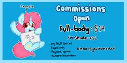 Size: 2048x1024 | Tagged: safe, artist:handgunboi, derpibooru import, pony, advertisement, commission info, solo