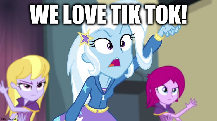 Size: 742x413 | Tagged: safe, derpibooru import, edit, edited screencap, screencap, fuchsia blush, lavender lace, trixie, equestria girls, rainbow rocks, text, tik tok, trixie and the illusions