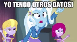 Size: 742x413 | Tagged: safe, derpibooru import, edit, edited screencap, screencap, fuchsia blush, lavender lace, trixie, equestria girls, rainbow rocks, spanish, text, trixie and the illusions