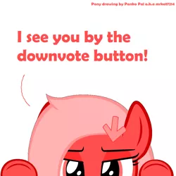 Size: 1024x1024 | Tagged: safe, artist:mrkat7214, derpibooru import, edit, part of a set, oc, oc:downvote, ponified, unofficial characters only, pony, derpibooru, cute, derpibooru ponified, downvote bait, downvotes are upvotes, lidded eyes, meta, ocbetes, peekaboo, peeking, simple background, solo, soon, text, vector, white background