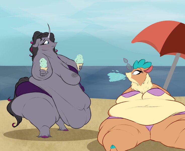 Size: 2685x2190 | Tagged: questionable, artist:astr0zone, derpibooru import, oleander (tfh), velvet reindeer, anthro, them's fightin' herds, beach, beach umbrella, belly, belly button, big belly, big breasts, bikini, breasts, clothes, community related, droop, duo, embarrassed, embarrassed nude exposure, fat, female, food, huge belly, ice cream, ice cream cone, ill fitting clothes, impossibly large belly, large belly, morbidly obese, nipples, nudity, obese, parasol (umbrella), partial nudity, spit take, swimsuit, umbrella, wardrobe malfunction