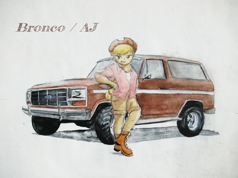 Size: 2048x1536 | Tagged: safe, artist:sakakurabbit, derpibooru import, applejack, equestria girls, applejack's hat, car, clothes, cowboy hat, female, ford, ford bronco, hat, solo, suv, traditional art, vehicle