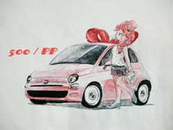 Size: 2024x1518 | Tagged: safe, artist:sakakurabbit, derpibooru import, pinkie pie, equestria girls, car, clothes, female, fiat, fiat 500, solo, traditional art, vehicle