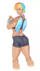 Size: 1467x2573 | Tagged: artist:sundown, ass, butt, clothes, compression shorts, derpibooru import, female, fit, human, humanized, looking at you, rainbow dash, rainbutt dash, solo, solo female, sports bra, suggestive, winged humanization, wings