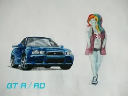 Size: 2048x1536 | Tagged: safe, artist:sakakurabbit, derpibooru import, rainbow dash, equestria girls, car, clothes, female, hands in pockets, nissan, nissan gt-r, shorts, solo, traditional art, vehicle