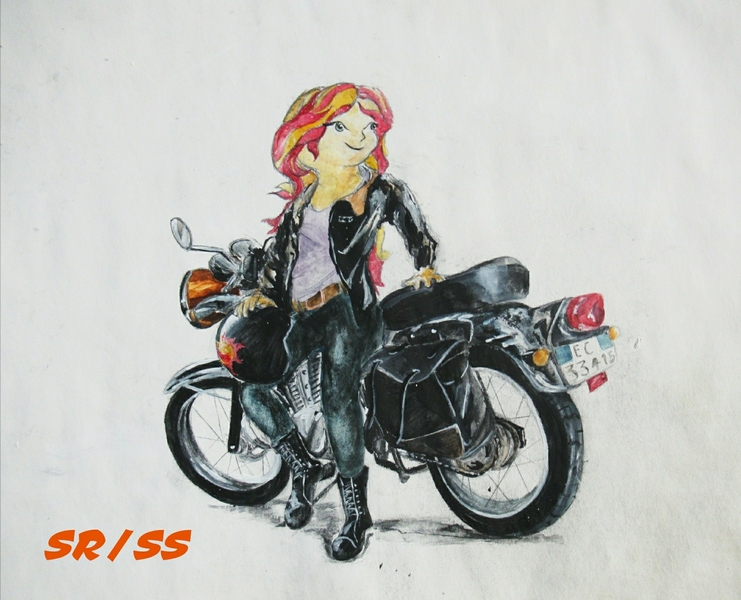 Size: 1897x1536 | Tagged: safe, artist:sakakurabbit, derpibooru import, sunset shimmer, equestria girls, clothes, female, helmet, motorcycle, motorcycle helmet, simple background, solo, traditional art, vehicle, watercolor painting, white background, yamaha, yamaha sr