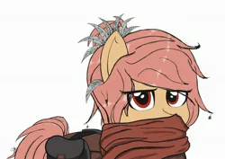 Size: 2974x2111 | Tagged: safe, artist:drawalaverr, derpibooru import, oc, unofficial characters only, earth pony, pony, bag, clothes, eye clipping through hair, feather, female, high res, looking at you, mare, saddle bag, scarf, serious, serious face, simple background, solo, white background