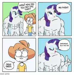 Size: 1079x1088 | Tagged: safe, derpibooru import, rarity, anthro, human, comic, exploitable meme, implied derpibooru, meme, muscles, overdeveloped muscles, ripped rarity, shen comix