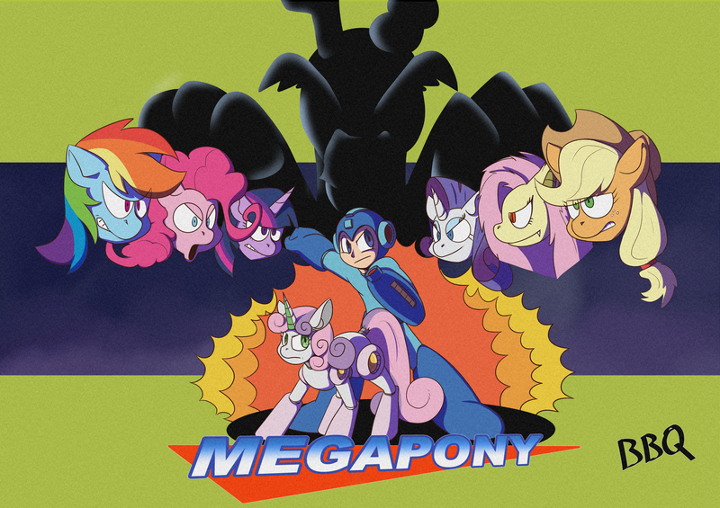 Size: 5016x3541 | Tagged: safe, artist:gryphon bbq, derpibooru import, applejack, discord, fluttershy, pinkie pie, rainbow dash, rarity, sweetie belle, twilight sparkle, earth pony, pegasus, pony, robot, unicorn, box art parody, bust, crossover, mane six, megaman, megaman (character), megapony, silhouette, sweetie bot