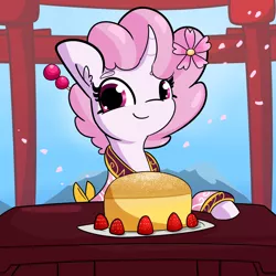 Size: 2250x2250 | Tagged: safe, artist:tjpones, banned from derpibooru, deleted from derpibooru, derpibooru import, oc, oc:sakuragi-san, pony, unicorn, birthday cake, cake, cherry blossoms, curved horn, female, flower, flower blossom, flower in hair, flower petals, food, horn, image, japan, looking at you, mare, png, strawberry