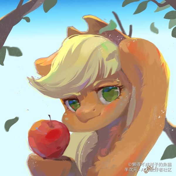 Size: 2008x2008 | Tagged: safe, artist:小huhu狸君呀, derpibooru import, applejack, earth pony, pony, apple, applejack's hat, branches, bust, chest fluff, cowboy hat, female, food, hat, image, jpeg, leaf, looking at you, mare, no pupils, solo, that pony sure does love apples, tree branch