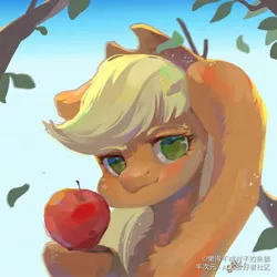 Size: 2008x2008 | Tagged: safe, artist:小huhu狸君呀, derpibooru import, applejack, earth pony, pony, apple, applejack's hat, branches, bust, chest fluff, cowboy hat, female, food, hat, image, jpeg, leaf, looking at you, mare, no pupils, solo, that pony sure does love apples, tree branch