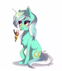 Size: 1280x1457 | Tagged: safe, artist:steffanie-remony, derpibooru import, lyra heartstrings, pony, unicorn, chest fluff, female, food, glowing horn, horn, ice cream, levitation, magic, mare, simple background, sitting, solo, telekinesis, tongue out, white background