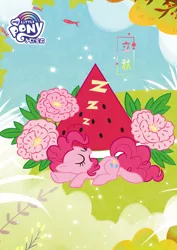 Size: 1080x1527 | Tagged: safe, derpibooru import, official, pinkie pie, earth pony, pony, chinese text, cute, female, flower, food, liqiu, moon runes, my little pony logo, sleeping, solar term, solo, watermelon