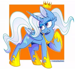 Size: 1024x937 | Tagged: safe, artist:wutanimations, derpibooru import, trixie, alicorn, pony, abstract background, alicornified, crown, ear fluff, eyeshadow, female, floating crown, jewelry, makeup, mare, race swap, raised hoof, regalia, simple background, solo, trixiecorn