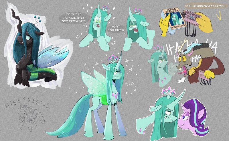 Size: 2600x1600 | Tagged: safe, artist:another_pony, derpibooru import, discord, queen chrysalis, starlight glimmer, changedling, changeling, changeling queen, draconequus, pony, unicorn, art dump, cassette tape, changedlingified, dialogue, female, gray background, laughing, looking at each other, no pupils, purified chrysalis, queen chrysalis is not amused, simple background, simpsons did it, sketch, sketch dump, smug, species swap, speech bubble, unamused