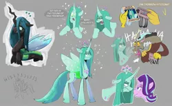 Size: 2600x1600 | Tagged: safe, artist:another_pony, derpibooru import, discord, queen chrysalis, starlight glimmer, changedling, changeling, changeling queen, draconequus, pony, unicorn, art dump, cassette tape, changedlingified, dialogue, female, gray background, laughing, looking at each other, no pupils, purified chrysalis, queen chrysalis is not amused, simple background, simpsons did it, sketch, sketch dump, smug, species swap, speech bubble, unamused