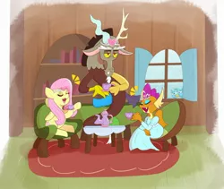 Size: 2310x1947 | Tagged: safe, artist:another_pony, derpibooru import, discord, fluttershy, gallus, smolder, draconequus, dragon, gryphon, pegasus, pony, what lies beneath, clothes, cup, discord is not amused, dragoness, dress, eyes closed, eyeshadow, female, floppy ears, jewelry, makeup, male, mare, open mouth, princess smolder, regalia, sitting, tea party, teacup, tiara, unamused