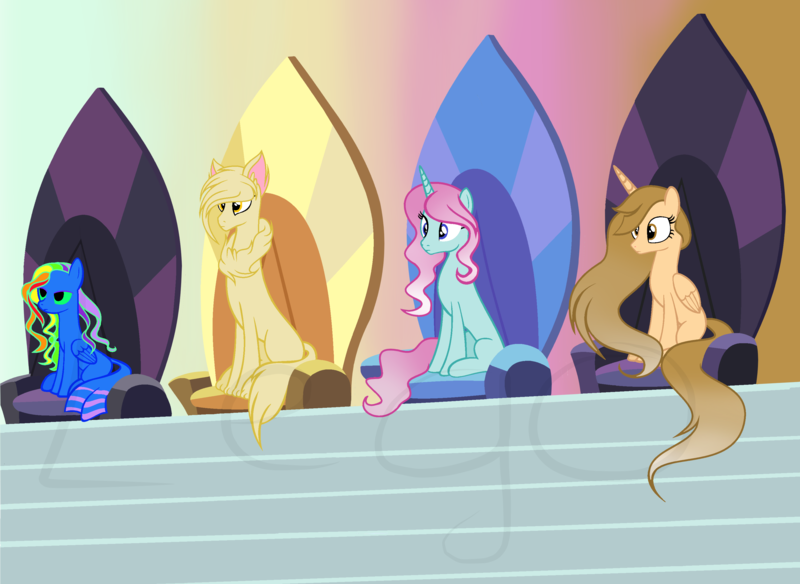 Size: 3232x2360 | Tagged: safe, artist:amelia-bases, artist:lego, derpibooru import, oc, oc:golden trace, oc:lego, oc:lioness, oc:violet trace, unofficial characters only, alicorn, hybrid, pony, unicorn, alicorn oc, alicorn thrones, base used, blank flank, horn, wings