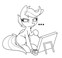Size: 1280x1209 | Tagged: safe, artist:kindakismet, derpibooru import, scootaloo, pegasus, pony, ..., best pony, black and white, canvas, dexterous hooves, drawing, female, filly, grayscale, lineart, monochrome, mug, pencil, solo