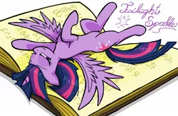 Size: 1280x838 | Tagged: safe, artist:sallycars, derpibooru import, twilight sparkle, twilight sparkle (alicorn), alicorn, pony, bedroom eyes, book, female, looking at you, lying down, mare, ms paint, on back, solo, spread wings, that pony sure does love books, wings
