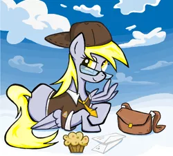 Size: 1072x968 | Tagged: safe, artist:sallycars, derpibooru import, derpy hooves, pegasus, pony, envelope, female, food, glasses, hat, looking at you, mailbag, mailmare, mailmare hat, mailmare uniform, mare, muffin, smiling, smiling at you, solo