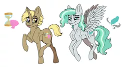 Size: 8483x4584 | Tagged: safe, artist:celestial-rainstorm, derpibooru import, oc, oc:mistfeather, oc:turnback, unofficial characters only, pegasus, pony, unicorn, female, heterochromia, mare, offspring, parent:derpy hooves, parent:doctor whooves, parent:sky stinger, parent:vapor trail, parents:doctorderpy, parents:vaporsky, simple background, white background
