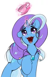 Size: 1429x2301 | Tagged: safe, artist:skitsniga, derpibooru import, trixie, pony, unicorn, blushing, cape, clothes, cup, cute, diatrixes, esophagus, eyebrows, female, glowing horn, gullet, hat, horn, magic, mare, open mouth, raised hoof, simple background, solo, teacup, telekinesis, that pony sure does love teacups, trixie's cape, trixie's hat, uvula, volumetric mouth, white background