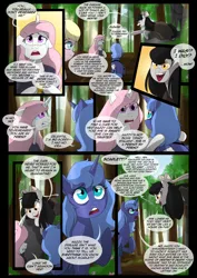 Size: 1240x1754 | Tagged: safe, artist:lunarcakez, derpibooru import, princess celestia, princess luna, oc, oc:mazzy, oc:mute, earth pony, pony, comic:the origins of hollow shades, comic, female, mare, pink-mane celestia, s1 luna